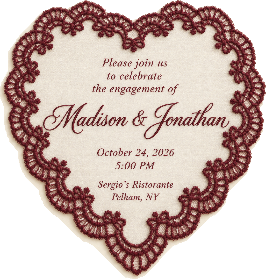 Please join us to celebrate the engagement of Madison and Jonathan. October 24, 2026, 5:00 PM. Sergio's Ristorante, Pelham, NY.